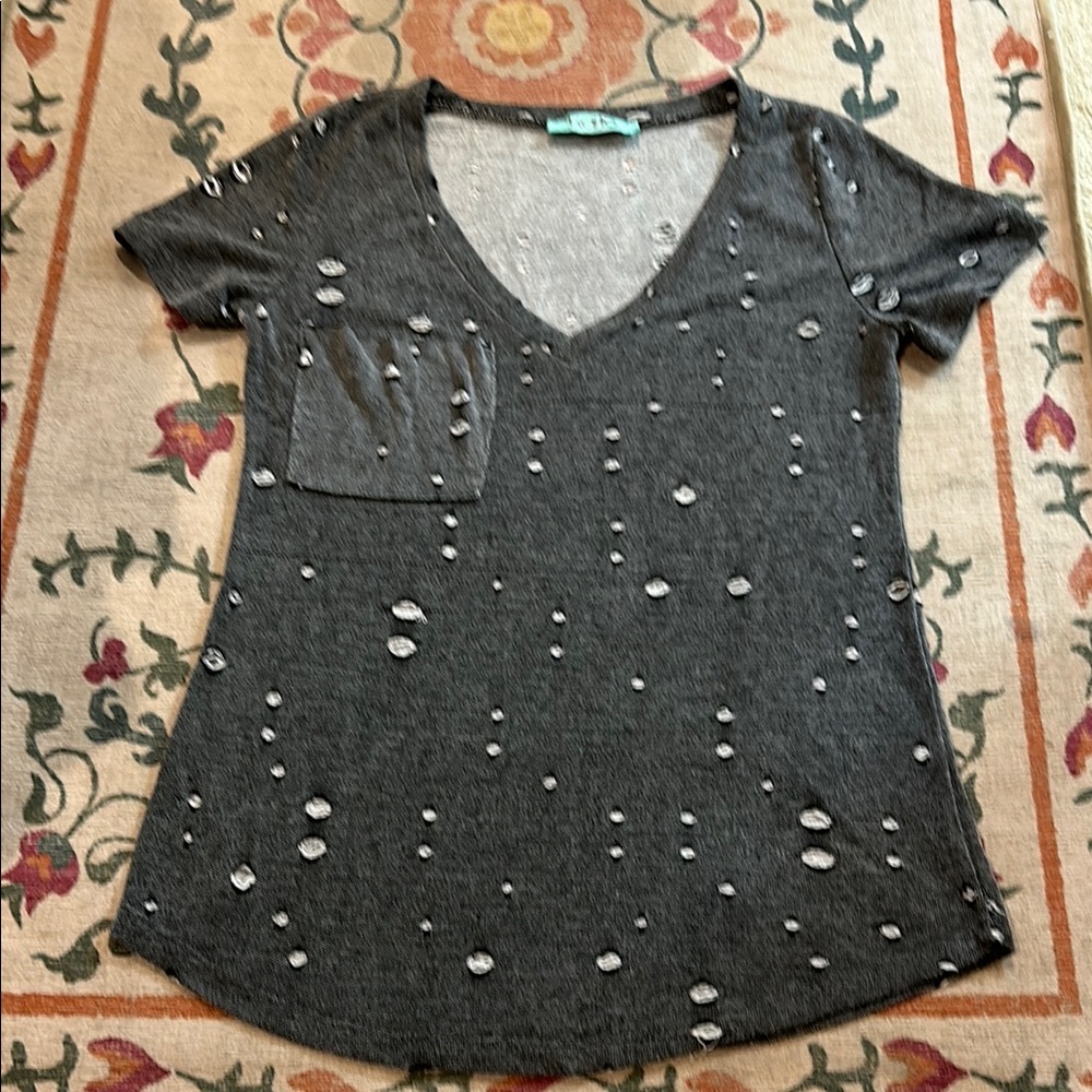 Karlie Black and Gray Distressed Cut Out Short Sleeve T-Shirt